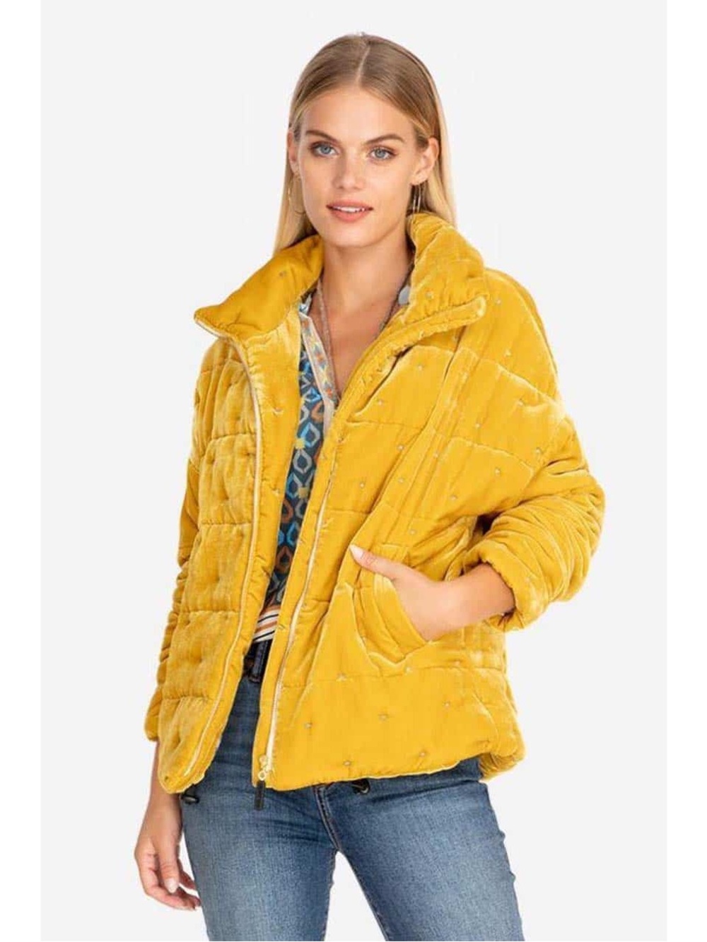NWT Johnny Was Lux Puffer Jacket-Plush Quilted Velvet Puffer- Mustard Yellow